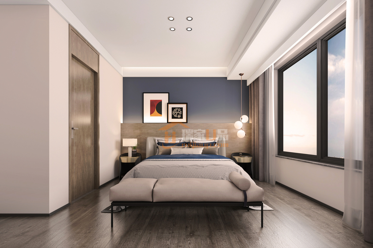 卧室选取干净素雅的木色，内敛谦和，搭配无主灯设计，营造舒适的休息环境。海蓝色的背景墙，丰富空间层次，不再单调。床头垂下的小灯，极具设计感，给房间增添一丝艺术气息，宁静优雅。